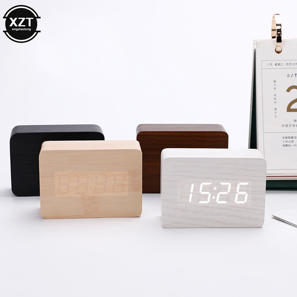 Leatherwork Desk - Modny budzik LED Drewniany zegarek stołowy