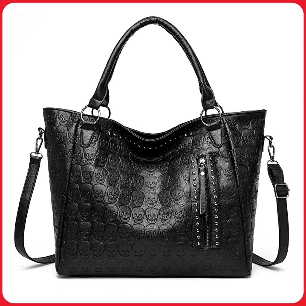 Leather Work Handbags - Torba crossbody z punkową czaszką, skóra